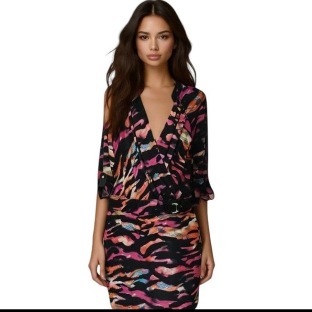Cache Multi colored faux wrap dress w/belt detail in sz S. Stretchy.